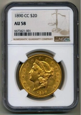 1890 NGC AU58 CC $20 Oro Liberty Doble Águila Foto 1 de 4
