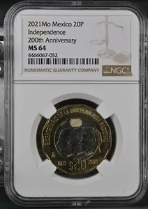 2021 Mo Mexico Bi-Metallic 20 Pesos NGC MS-64 Independence 200th Anniversary - Picture 1 of 2