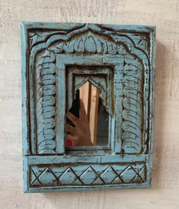 Rustic Hand Carved Old Indian Design Antique Wooden Blue Wall Decor Mirror Frame - Picture 1 of 10