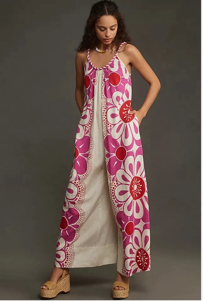 Farm Rio Maia Linen Jumpsuit Floral Pink Combo Size Medium - Image 1 of 4