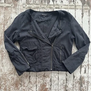 Just Jeans Linen Jacket Womens 14 Black Biker Style Long Sleevel Zip Up Lined - Picture 1 of 10