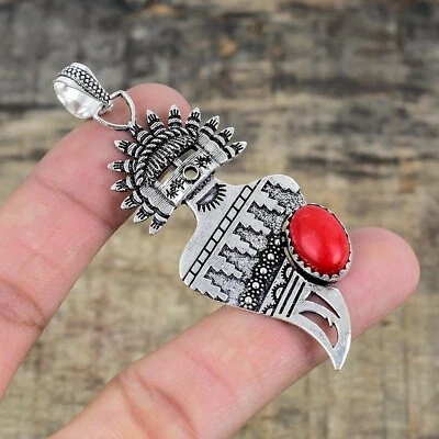 Corallo Rosso Gemma a Mano 925 Argento Sterling Ciondolo Gioielli per Matrimonio - Immagine 1 di 4