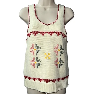 Vintage Charlies Girls Sweater Vest Tank Top Embroidered Knit Cream 1970s S/M - Image 1 of 4