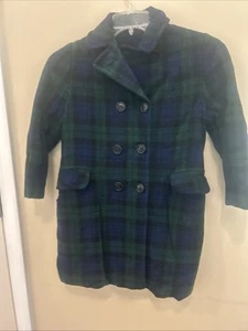 Vtg 70s Coat Sears Hooded Girls Green Plaid Size 10 Black Buttons - Picture 1 of 4