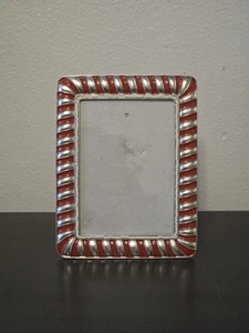 Red And Silver Striped Enamel Picture Frame 5"x7" With Glass Pearl Accents - Picture 1 of 20