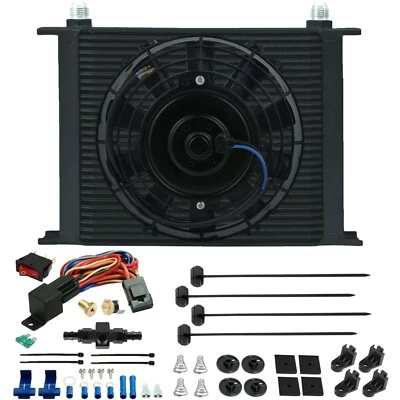 30 ROW TRANS-MISSION OIL COOLER FAN 8AN HOSE ADAPTER 180F TEMPERATURE SWITCH KIT - Image 1 of 4