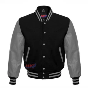 Baseball Varsity Letterman Bomber Black Wool & Genuine Gray Leather Sleeves - Picture 1 of 2