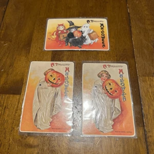 Vtg Repo Moving Action Halloween Postcards Cats & Pumpkin Girl Embossed lot of 3 - Picture 1 of 11