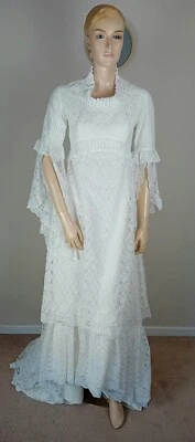 VINTAGE 70S WHITE LACE EDWARDIAN MEDIEVAL REGENCY PRONUPTIA WEDDING DRESS 8 - Image 1 of 4