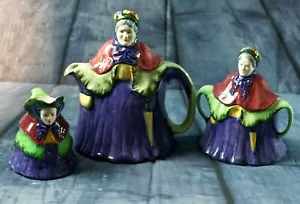 Art Deco 1938 - Tony Wood - little old lady teapot sugar bowl & milk jug England - Picture 1 of 12