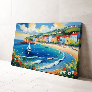 Seaside Beach Bay Boats #2 Wall Art Canvas Print Living Room Abstract Decor - Picture 1 of 18