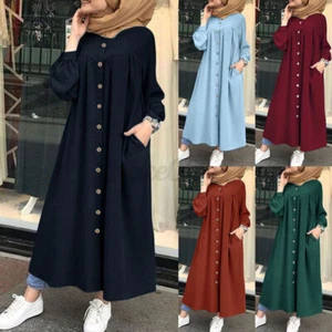 Casual Women Muslim Islamic Abaya Kaftan Button Down Solid Long Maxi Shirt Dress - Picture 1 of 25