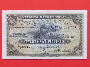REINO DE EGIPCIO (FIRMA RARA ESCASA 1950) BILLETE DE 25 PIASTRAS ALTA CALIDAD, GEM+ - Imagen 1 de 2