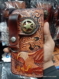 Eagle Carved Wallet Hendmade Cowboy Wallet Mens Bifold Wallet Chain Gift 313 - Picture 1 of 2