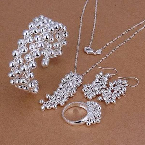 925 Silver wedding Fashion bead Women Ring Earring Bracelet Necklace Set jewelry - Picture 1 of 1