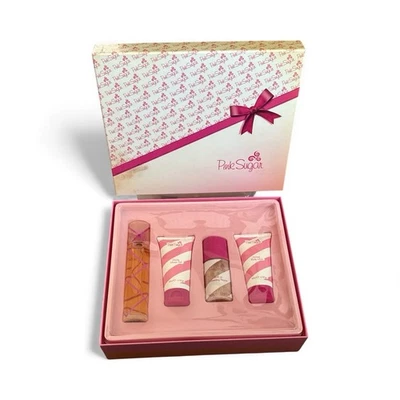 Pink Sugar Juego de 4 piezas 1,7 oz EDT Spray, 3,38 oz Perfume para el cabello, Gel de ducha, Loción corporal Foto 1 de 4