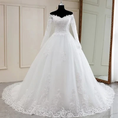 Sexy Luxury Elegant Long Sleeves Wedding Dress Boho Lace Applique Bride Gowns - Image 1 of 4