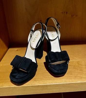 Prada Black Suede Women’s Ankle Strap Platform 5” Heels W/Bow Sz 37.5 Box - Image 1 of 4