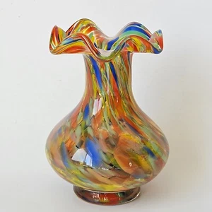 "Florero de vidrio artístico italiano estilo Murano Millefiori vintage 7,5"" con volantes multicolor" - Imagen 1 de 9