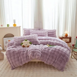Rabbit Plush Kids Girls Purple Comforter Cover Duvet Cover Twin - 3PC Faux Fur B - Picture 1 of 9