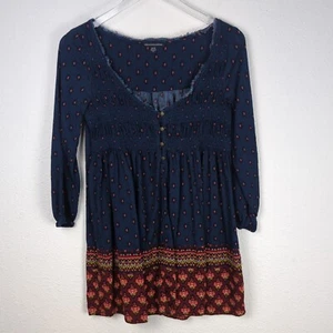American Eagle Women's Peasant Blouse XS Blue Distressed Neckline Boho Rustic - Picture 1 of 9