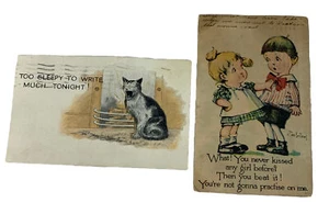 2 Cartoon Postcards from 1917 - Charles Twelvetrees "Kissed a Girl" & Sleepy Cat - Picture 1 of 9