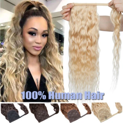 Clip de cola de caballo envolvente 8A en onda de maíz 100 % cabello humano Remy pieza gruesa rizada rubia Foto 1 de 4