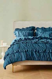 ANTHROPOLOGIE ASTRIDE COTTON RUFFLED VOILE QUILT QUEEN TEAL BLUE NWT ORIG. $298 - Picture 1 of 5