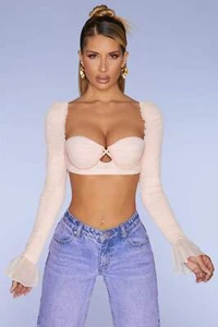 Top para mujer Oh Polly rosa corto manga larga acanalado satinado ceñido al cuerpo con aros - Imagen 1 de 12