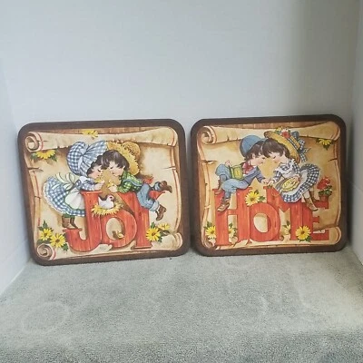 2 Vintage Wooden MCM Boy & Girl Joy & Home Wall Plaques - Image 1 of 4