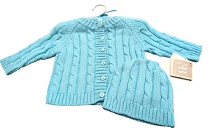 Elegant Baby Aqua Cable Knit Cardigan with Hat & Matching Hanger Size 6M NWT - Picture 1 of 8