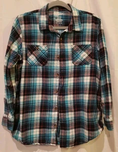 Arizona Jeans Women XL Flannel Shirt Turquoise Blue Plaid Western Cowgirl - Picture 1 of 5