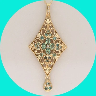 Diamond Green Topaz Filigree Pendant Necklace  .80CT  14K YG  18” Chain - Image 1 of 4