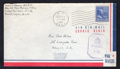 USA WW2 Military 1944 NORFOLK Va Navy Censored Cover to Scotland. 30c Prexie - Image 1 of 2