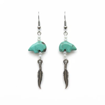 Pendientes colgantes de plumas tono plata oso Zuni cierre de gancho Foto 1 de 4