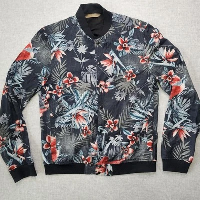 Zara Man Bomber Jacket Floral Mens Large Floral Black Long Sleeve Snap Button  - Image 1 of 4