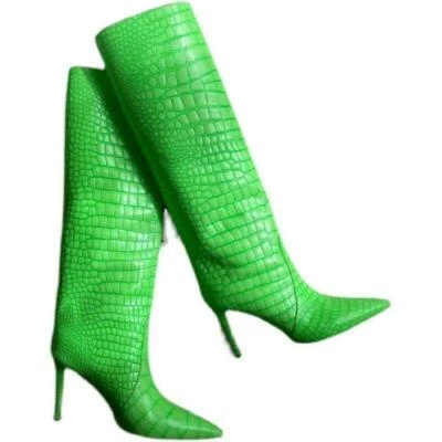 Botas hasta la rodilla de cuero de cocodrilo para mujer punta puntiaguda tacón de aguja moda elegantes Foto 1 de 4