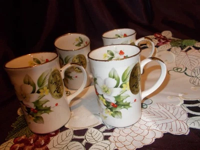 Vintage St. George Set of Four Bone China Holly and Flower Mug New with Stickers - Image 1 of 4