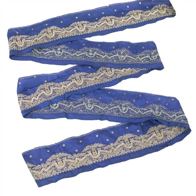 Cinta de encaje azul con cuentas a mano borde de sari vintage de 1 yarda Sanskriti Foto 1 de 4