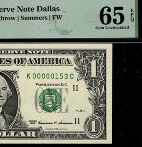 1999 $1 Federal Reserve Note Low 3 digit Serial Number Dallas K00000153C PMG 65 - Picture 1 of 4