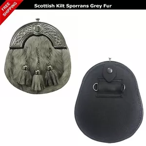 Scottish Grey Fur Kilt Sporrans Full Dress Kilt Bovine Celtic Cantle Chrome - Picture 1 of 3