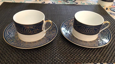 S/2 Philippe Deshoulieres FRANCE Blue & Gold Scrolls Flat Cups & Saucers  NEW - Image 1 of 4