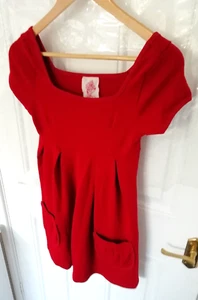 Vintage Evie Red Size 8 Knit Tunic Jumper Dress Pockets Retro 90s Y2K - Picture 1 of 9