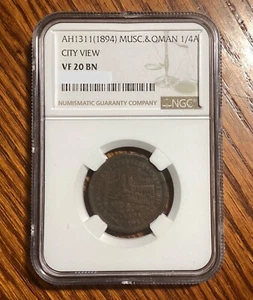 NGC VF20 BN Muscat and Oman 1311 (1894) City View Faisal ¼ Anna Coin - Picture 1 of 2