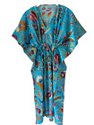 Turquoise  Mukut Print Cotton Hippie Maxi Women Nightwear Caftan Dress Kimono