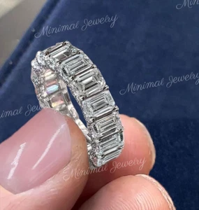 10K White Gold Emerald Cut Moissanite Eternity Wedding Band Anniversary Ring - Picture 1 of 10