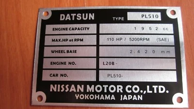 Placa de chasis Datsun 1600 510 L16 L18 L20B SR20 L16SSS etiqueta de identificación en blanco SEDAN WAGON Foto 1 de 2