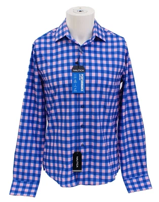 Súper Camisa Absorbente Nautica Para Hombre Azul Rosa Cuadros Calce Ajustado Botón Delantero Foto 1 de 4