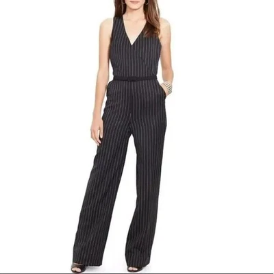 NEW Polo Ralph Lauren PINSTRIPE PANT SUIT Wide Leg Twill Jumpsuit PETITE Sz 6P - Image 1 of 4