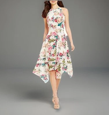 Vestido tropical con ribete de encaje 100 % seda floral halter talla 2 Antonio Melani para mujer Foto 1 de 4